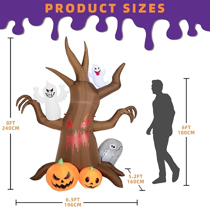 8FT Halloween Inflatable Scary Tree Decorations Outdoor,Halloween Blow Up Yard Decorations Built-in LED Lights,Party Decorations,Giant Haunted House Decor,for Garden/Lawn/Yard