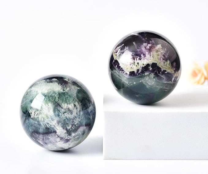 JIC Gem Natural Feather Fluorite Crystal Ball Round Healing Crystals Decorative Sphere with Wooden Stand Meditation Home Decor 2.3-2.7 inch (60-70mm)