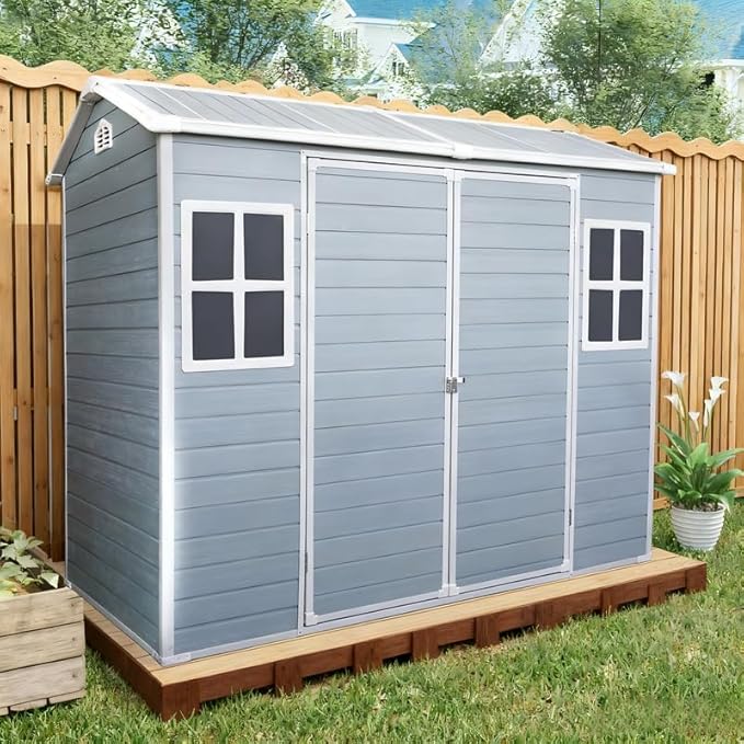 8x4 FT Resin Outdoor Storage Shed with Floor and 2 Windows, Outside Plastic Sheds Storage Clearance w/Lockable Door, Backyard Garden Tool House for Patio, Yard, Lawn, Bike, Gray