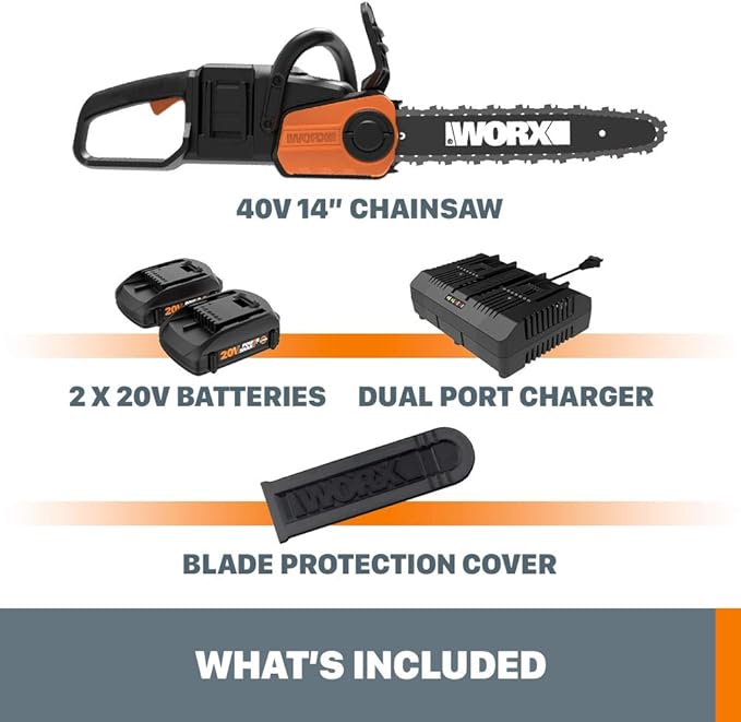 Worx 40V 14" Cordless Chainsaw Power Share with Auto-Tension - WG384 (Batteries & Charger Included)