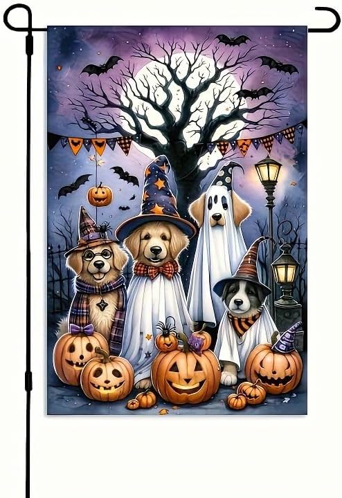 Spooky Dog Halloween Garden Flag Dogs Spooky 12x18 Inch Double Sided Scary Pumpkin Ghost Welcome Small Flags for Halloween Outside Decoration For Yard Decorative Flag