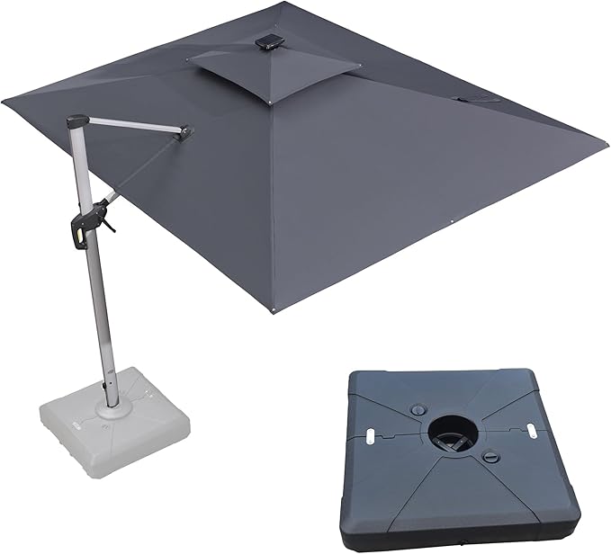 PURPLE LEAF 9' X 12' Solar Powered LED Rectangle Cantilever Umbrella With Base Patio Umbrellas Windproof Hanging Umbrella Outdoor Umbrellas, Grey