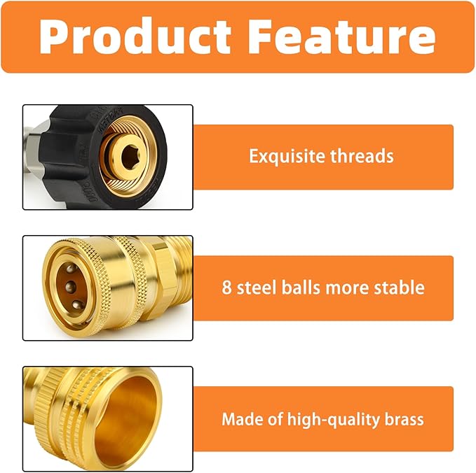 GASHER Pressure Washer Quick Connect Kit, M22 to 3/8" Quick Connect, 3/4" to Quick Release, M22 14mm Quick Connect Swivel Fittings