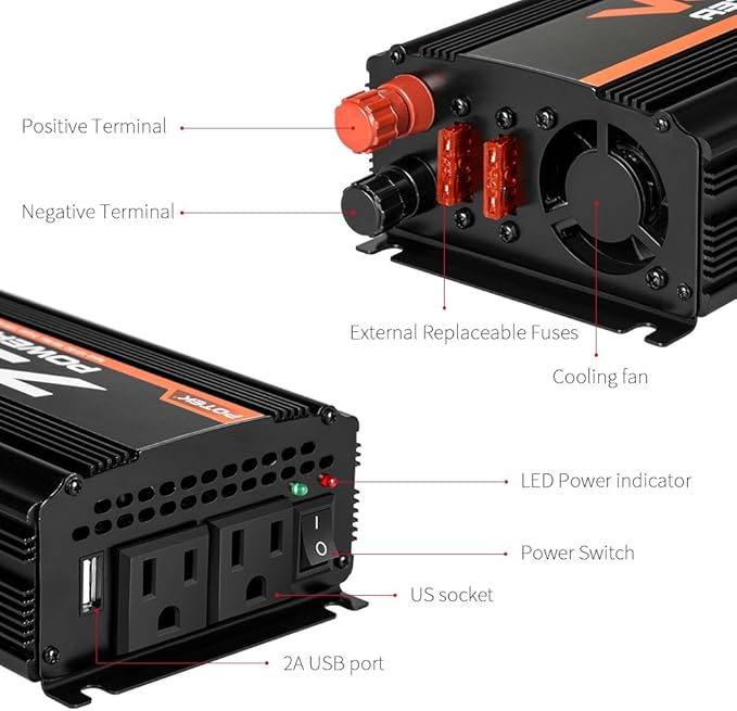 POTEK 750W Car Power Inverter DC 12 V to AC 110V Dual AC Charging Ports / 2A USB Ports for Laptop, Smart Phone