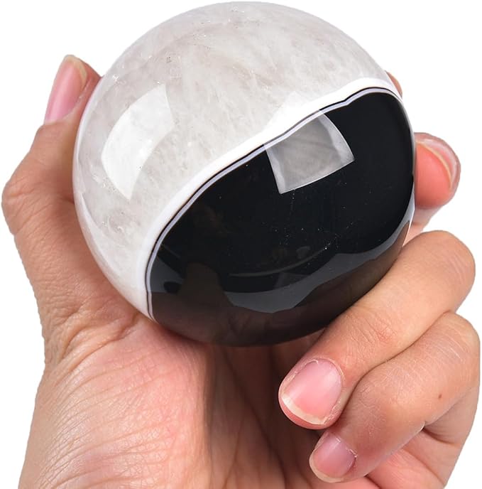 JIC Gem Natural Black Onyx Agate Crystal Ball Round Healing Crystals Decorative Sphere with Wooden Stand Meditation Home Decor 2.3-2.7 inch (60-70mm)