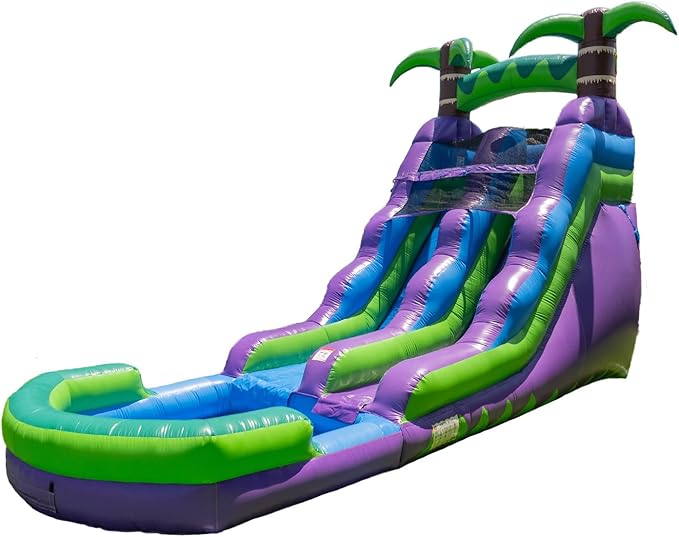 HeroKiddo 16’ Purple Tropical Lightweight Premium Commercial Grade Water Slide Inflatable with Attached Pool for Kids and Adults (with Blower), Wet Dry Use, Summer Fun