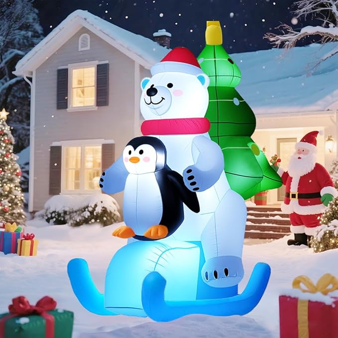 GARIG 7FT Christmas Inflatables White Bear Skiing with Penguin Outdoor Decorations, Christmas Blow Up Yard Decorations with Built-in LEDs for Xmax Outdoor Party, Yard, Garden