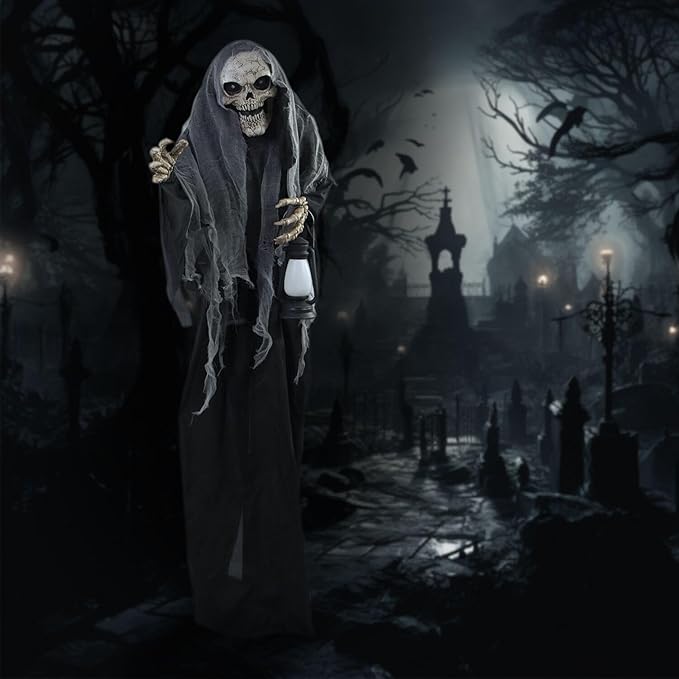 Haunted Hill Farm Life-Size Scary Skeleton Reaper Holding Lantern, Halloween Animatronic with Touch Activated Lights and Sound, Battery Operated Indoor or Covered Outdoor Halloween Decorations