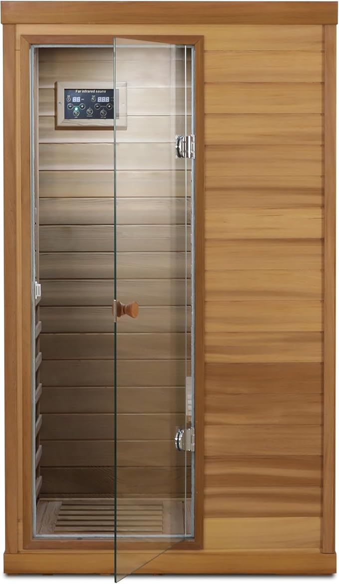 Infrared Sauna Single Person Mini Red Cedar Far Infrared Home Sauna Box with The Left Glass Door, LCD Display, BT Speaker, LED Reading Light, Natural Wood + Caramel