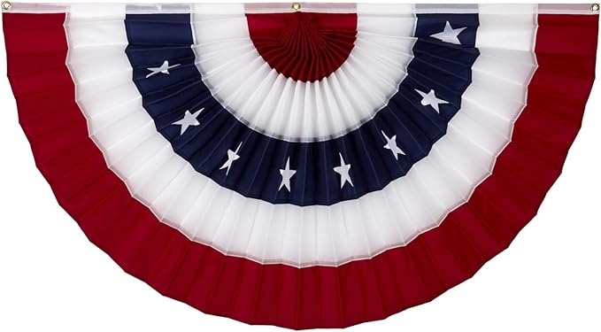 American Pleated Fan Flag Bunting. 2 x 4 ft Stars & Sewn Stripes USA Indoor/Outdoor Cotton Bunting Banner. Perfect for July 4th and America 250 events. 100% Made in USA by Old Glory Bunting