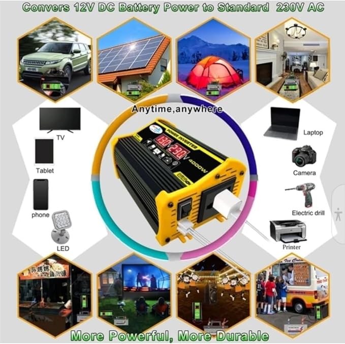 High-Power 4000W DC to AC Power Inverter – 12V to 110V/220V Converter with Dual USB Ports, Universal AC Outlet, LED Display for Cars, Trucks, RVs, and Home Backup (Black, 220V)