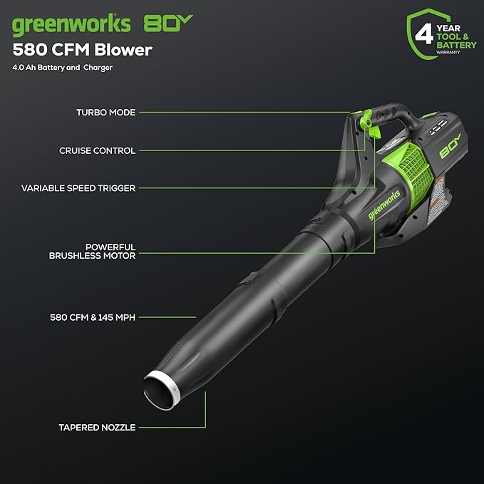 Greenworks 80V 21” Brushless (Self-Propelled) Cordless Electric Lawn Mower + (580 CFM) Axial Leaf Blower (75+ Compatible Tools), 4.0Ah Battery and 60 Minute Rapid Charger, Green and Black