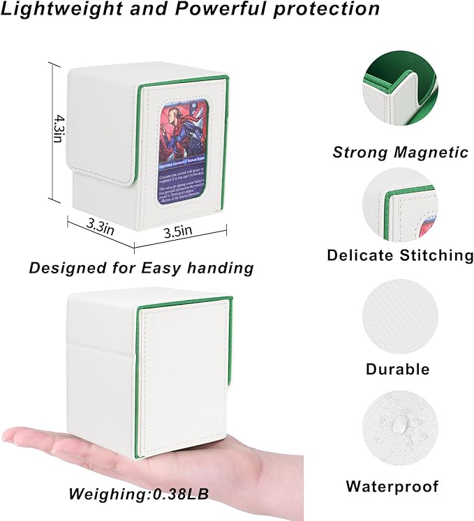 AFIING MTG Deck Box for Commander Display,Card Deck case Fits 100 Double Sleeved Cards, Magic Commander TCG Card Storage Box with 2 Dividers,Dice Bag and 1 Toploader(Whtie Green)