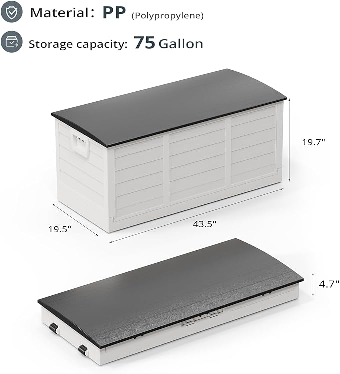 Outvita Foldable 75 Gallon Outdoor Storage Box, Plastic Storage Containers with Lid, Patio Deck Box Furniture for Garden, Pool, Balcony, Yard (White)