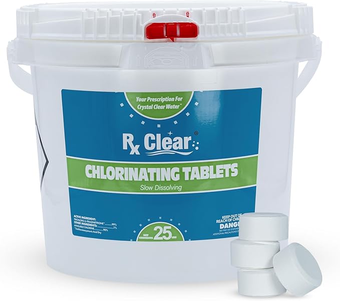 Rx Clear 1" Inch Chlorine Tabs | 25 Pounds | Use Tablets as Bactericide, Algaecide, & Disinfectant in Swimming Pools | Stabilized, Long Lasting, Slow Dissolving, & UV Protected