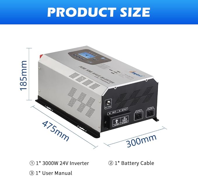 Ampinvt 3000W Pure Sine Wave Power Inverter Surge 9000 watts DC 24V to AC 120V with Battery AC Charger LCD Display,Low Frequency Inverter Support Lithium Battery