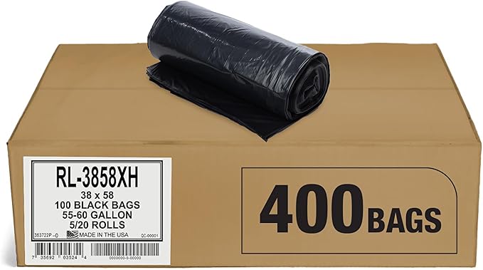 Aluf Plastics 55 Gallon Trash Can Liners (400 Count) - 38" x 58" - Thick 1.5 MIL Equivalent Black Trash Bags for Bathroom, Kitchen, Office, Industrial, Commercial, Recycling and More