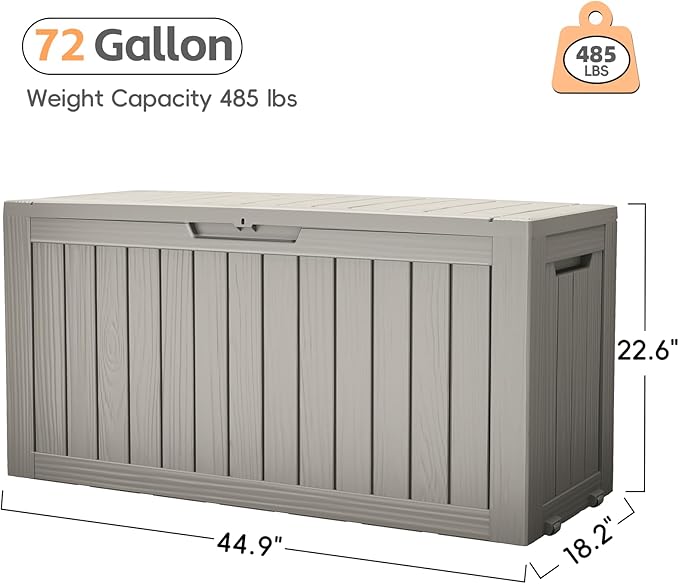 Outdoor Storage Box, 72 Gallon Deck Box Waterproof, Resin Patio Storage Bin for Package Delivery, Patio Furniture Cushion, Garden Tools, Pool Accessories, Weatherproof, Grey
