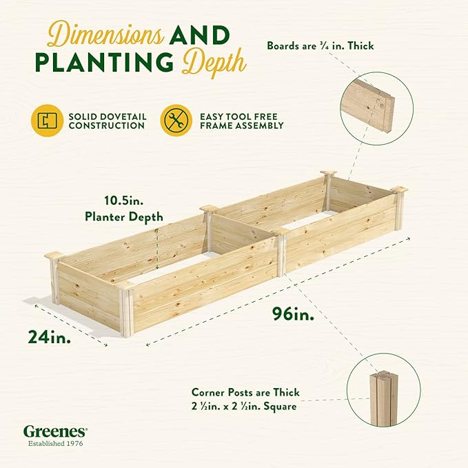 Greenes Fence Original Pine Raised Garden Bed, 2' x 8' x 10.5" - Made in USA with American Pine