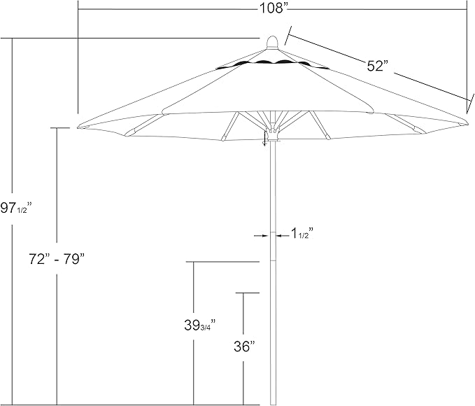 California Umbrella 9' Premium Commercial Hardwood Patio Umbrella, Manual Lift With Sunbrella Pacific Blue Fabric