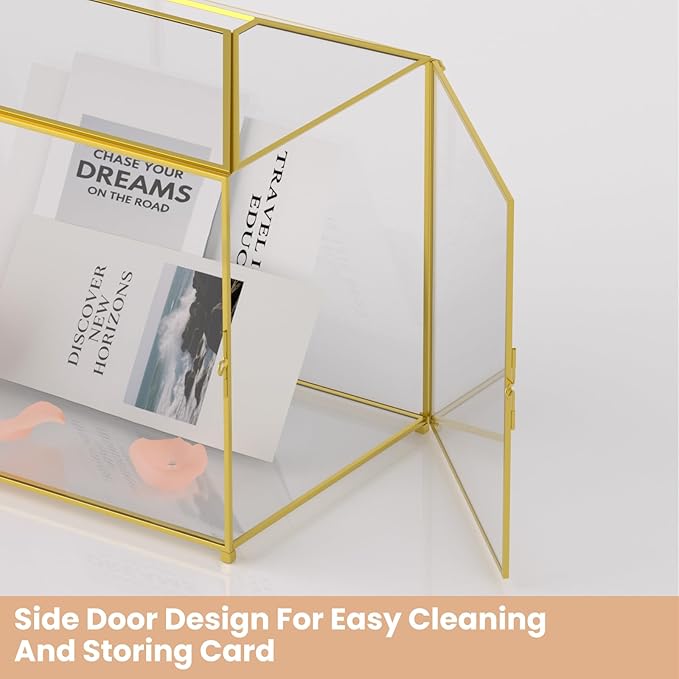 Wedding Card Box with Slot and Lock for Wedding Reception - Birthdays Party Card Holder, Home Geometric Decorative, Clear Gold Terrarium (Gold) 10.2" x 5.9" x 7.9"