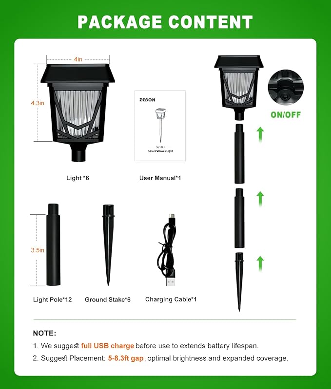 Solar Pathway Lights Outdoor, 6 Pack IP66 Waterproof Garden Solar Lights, 1500mAh Auto On/Off Yard Landscape Walkway Lighting, Black