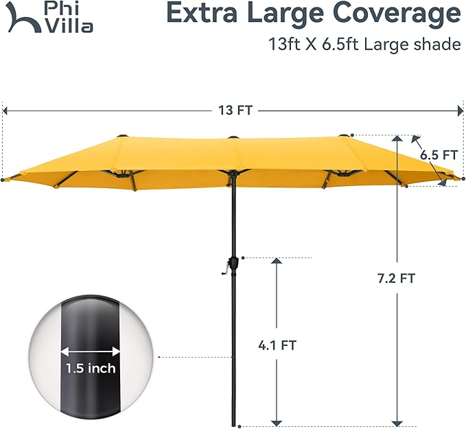 PHI VILLA 13ft Large Patio Umbrellas, Double-Sided Outdoor Market Rectangle Umbrella for Outside, Golden Yellow