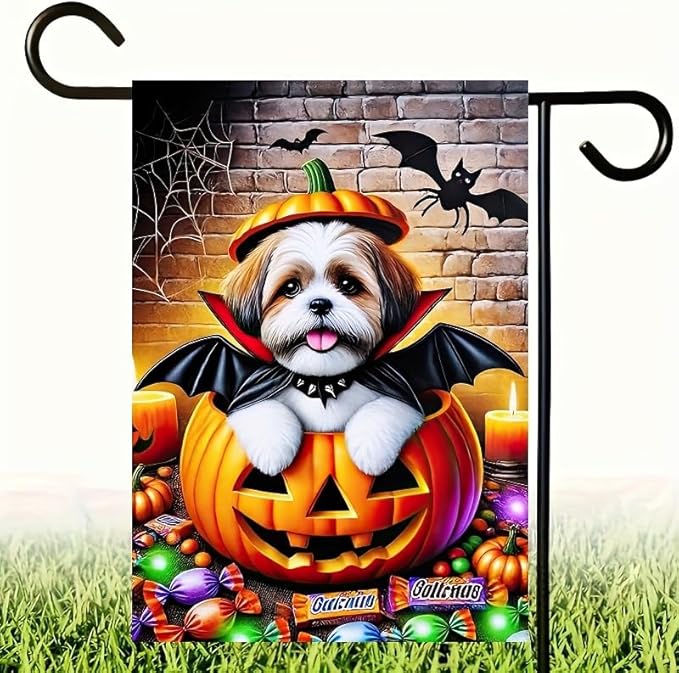 Happy Halloween Garden Flag 12x18 Double Sided Dog Pumpkin Garden Flag for Outside Witch Hat Small Flag for Outdoor Holiday Home Decor Banner