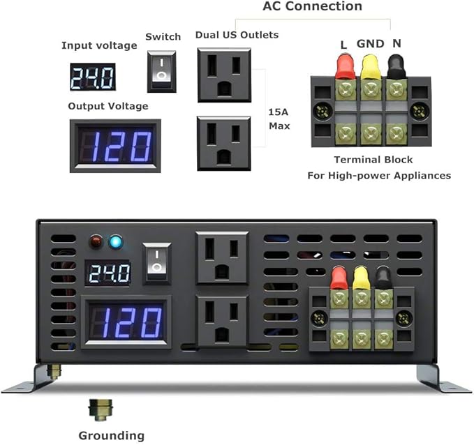 WZRELB 2000W 24V 120V Pure Sine Wave Power Inverter with 2 AC Outlets,Car Inverter