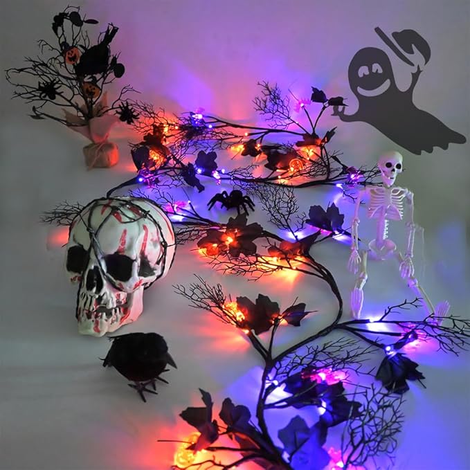 Halloween Decor Lights 8.86FT 72 LED Willow Vine Twig with Timer Battery Operated Garland Lights with Orange Pumpkins Purple Bats and Black Dead Branches Indoor Halloween Decorations for Home