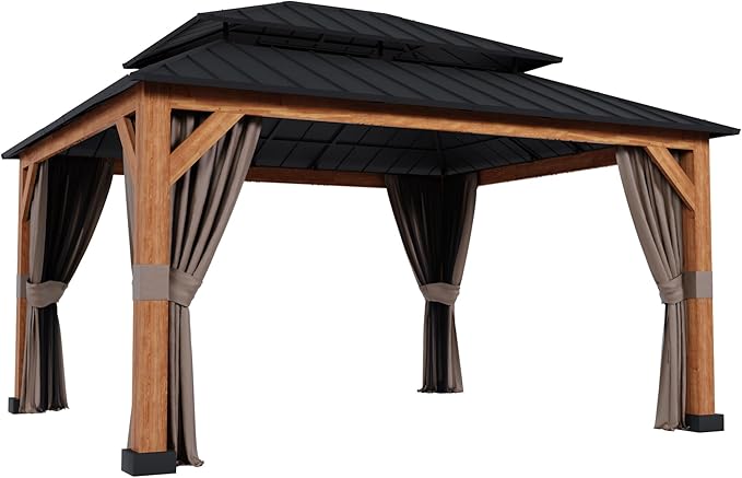 13' x 15' Double Hardtop Gazebo - Outdoor Thermal Transfer Wood-Looking Aluminum Gazebo with Double Hardtop, Privacy Curtains and Mosquito Nettings Included, for Patio, Garden, Backyard