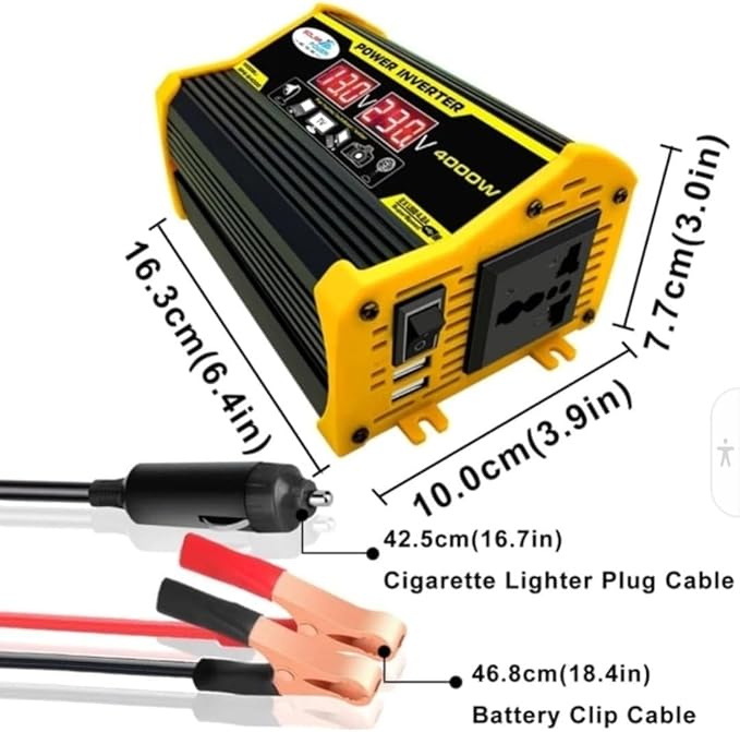 High-Power 4000W DC to AC Power Inverter – 12V to 110V/220V Converter with Dual USB Ports, Universal AC Outlet, LED Display for Cars, Trucks, RVs, and Home Backup (Black, 220V)