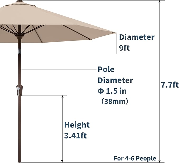 PatioKingdom Auto-Tilt 9FT Patio Umbrella Outdoor with 8 Sturdy Fiberglass Ribs,Market Table Umbrella for Pool,Backyard,Deck and Garden