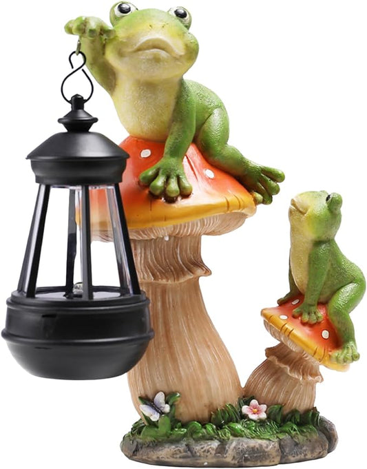 Garden Frogs Statue, Large Funny Frogs Figurine Climbing on Mushroom and Holding a Solar LED Lantern Resin Ornament for Patio Yard Lawn Porch Outdoor Decor, Women/Gardening Decoration Gifts