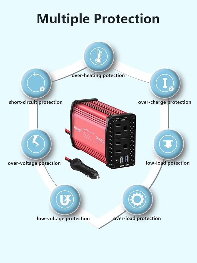 ALLWEI 300W Power Inverter DC 12V to 110V AC, Compact Car Plug Adapter Outlet with 65W PD USB-C &18W USB-A Fast Charging, Cigarette Lighter Adapter Car Charger for Phone, Laptop on Road Trip - Red