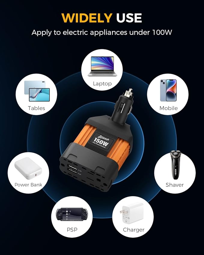 Ampeak 150W Car Power Inverter 12V DC to 120V AC Converter Plug in Adapter with 4.8A Dual USB Ports AC Outlet 11 Safe Protections Cigarette Lighter Adapter Car Laptop Phone Charger for Vehicles