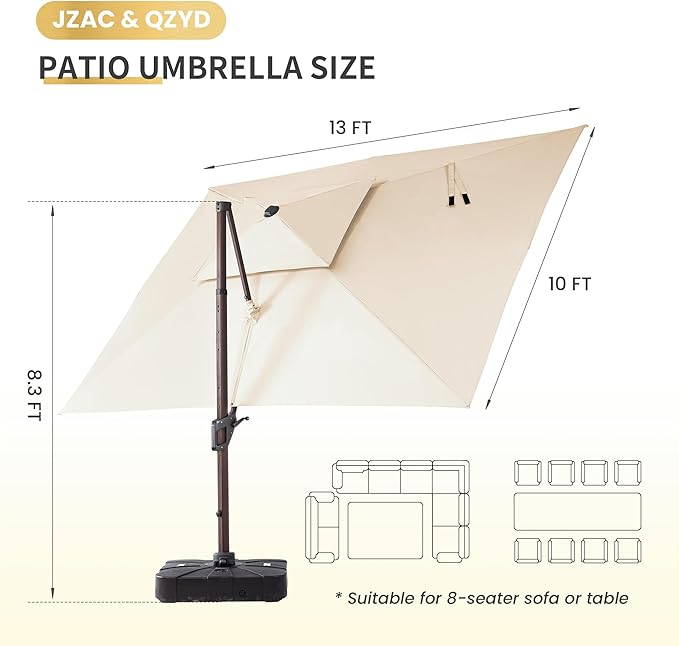 JZAC & QZYD 10 X 13 FT Cantilever Patio Umbrella with Base Included Heavy Duty Rectangle Offset Outdoor Large Double Top Umbrellas with 360° Rotation for Deck Backyard Garden, Beige