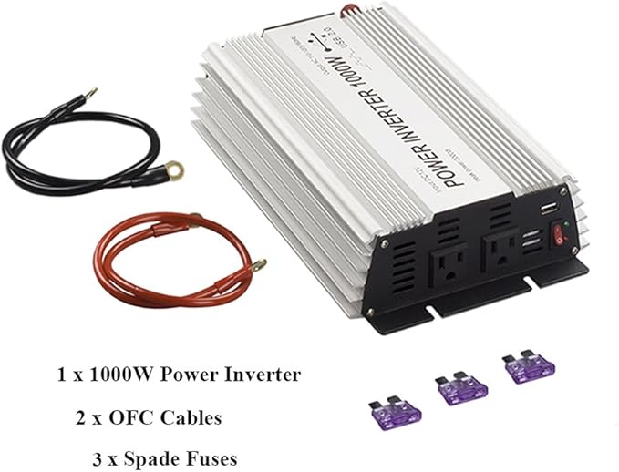 1000W Power Inverter, Dual AC Outlets, DC 12V to 110V AC Car Converter with USB Charging Port for Smartphone, Laptop, Tablet.