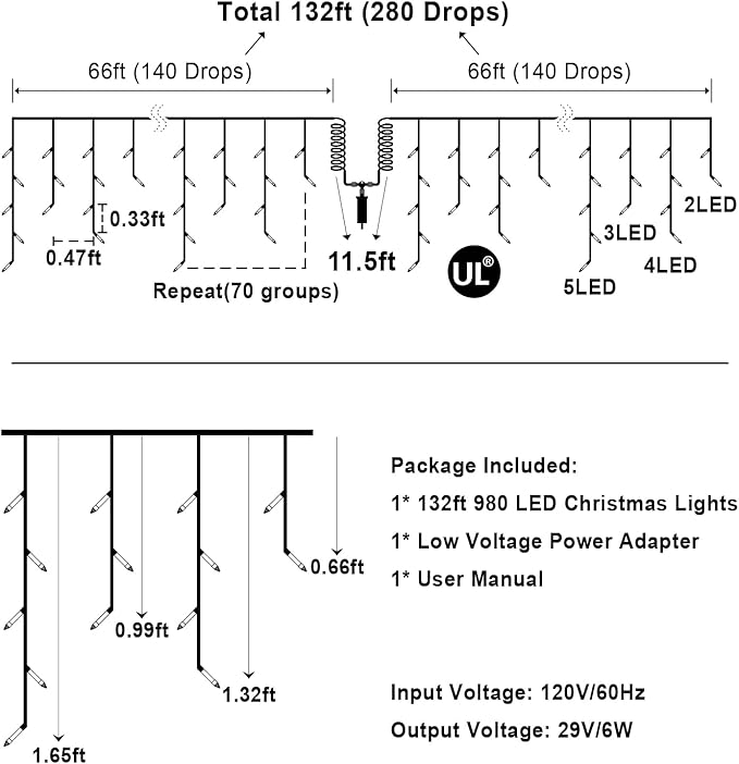 132FT LED Christmas Lights Outdoor with 280 Drops, Christmas Decorations Hanging Lights 980 LED 8 Modes, Outsite Fairy String Lights for Wedding Party Holiday Winter Wonderland Decorations Blue