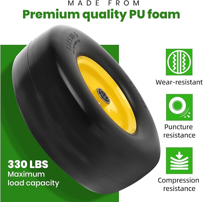 AR-PRO (2-Pack) 13x5.00-6 Flat Free Lawn Mower Tire and Wheel- Solid Smooth Tread Replacement Front Tire for Riding Zero Turn Mowers, Garden Tractors – 3/4" and 5/8" Bearings, 3.25"-5.9" Centered Hub