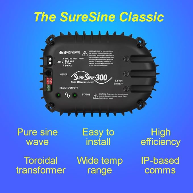Morningstar SureSine Classic 300W Pure Sine Wave Inverter (SI-300-115V-UL) - DC to AC Converter, 12VDC, 115VAC, 60Hz - for Residential, Mobile, and Industrial Solar/Non-Solar Systems