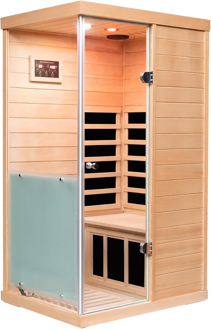 Hemlock Deluxe Mini Indoor Sauna 1 Person, Far Infrared Sauna at Home, Wooden Dry Sauna 1060w with 6 Far Infrared Heating Plate, Bluetooth Speaker, Red Light, Reading Light(Left Door)