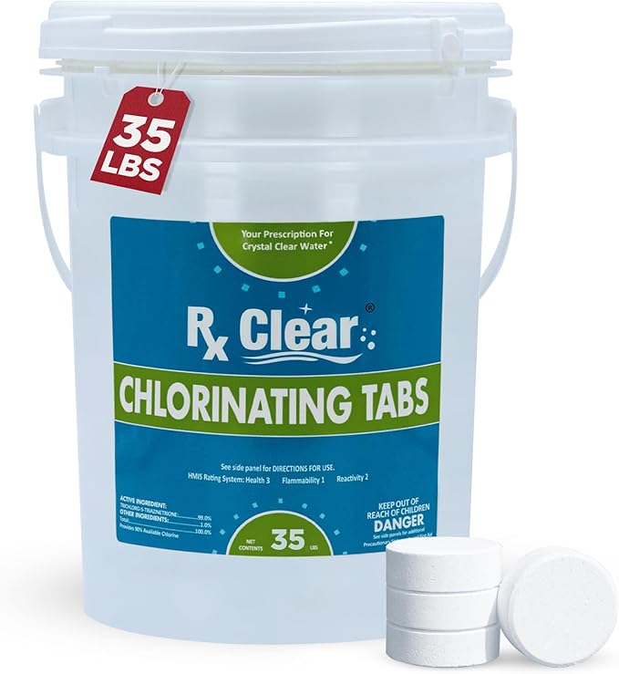 Rx Clear 3" Inch Chlorine Tabs | 35 Pounds | Individual Stabilized Chlorinating Tablets for Sanitizing Swimming Pools | Long Lasting, Slow Dissolving, and UV Protected