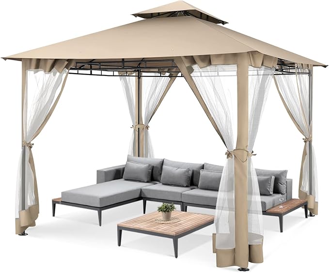 COBIZI Gazebo 10x10 Heavy Duty Gazebos with Improved Nettings Outdoor Gazebo Canopy Double Roof Patio Gazebos with Metal Steel Frame for Patio, Deck, Backyard (Khaki)