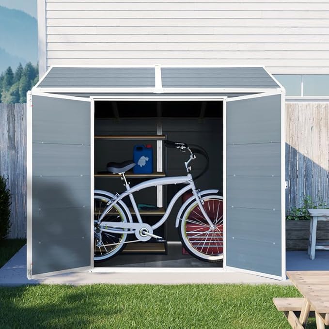 8x6 FT Resin Outdoor Storage Shed with Floor and 2 Windows, Outside Plastic Sheds Storage Clearance w/Lockable Door, Backyard Garden Tool House for Patio, Yard, Lawn, Bike, Gray