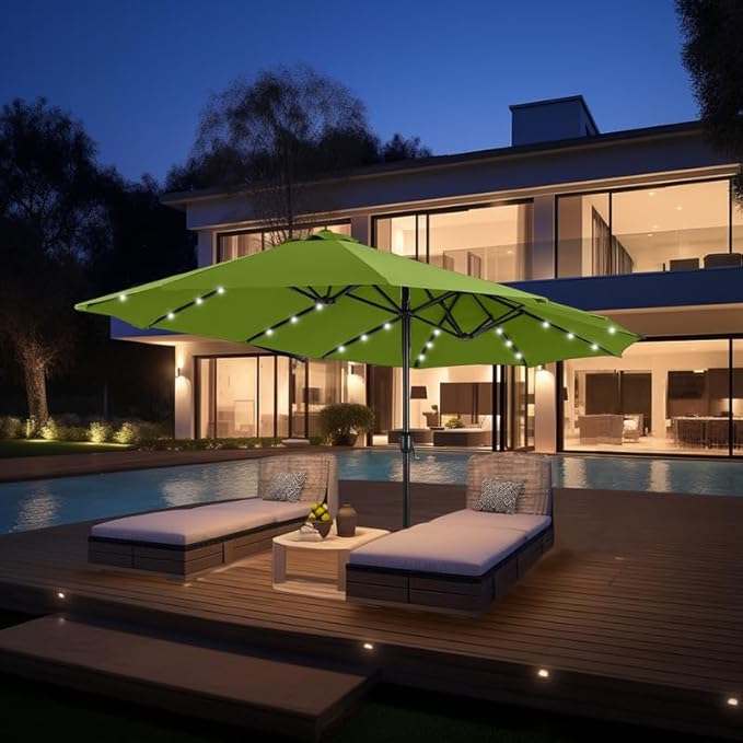 GREEN PARTY 15 ft Rectangle Patio Umbrella with Solar Lights and Base Included, Double-Sided Market Table Umbrella with Crank, Large Outdoor Umbrellas for Patio Poolside Garden Backyard, Lime Green