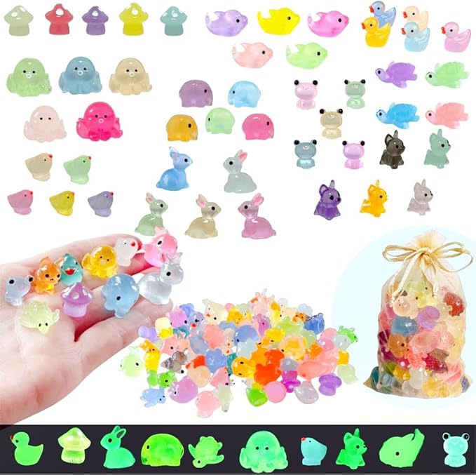 100 Pcs Luminous Mini Resin Animals, Tiny Miniature Sea Animal Figurines Glow in Dark for Crafts Landscape Miniature Garden Decor Accessories, Small Duck Frog Dog Turtle 10 Combinations to Hide Bulk