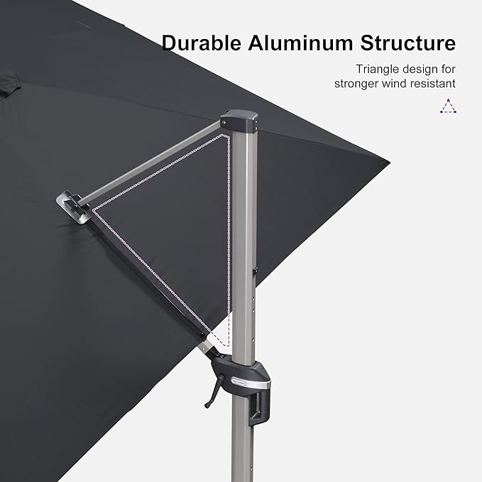 PURPLE LEAF 10' X 13' Patio Umbrella, Rectangle Outdoor Cantilever Umbrella, Aluminum Offset Umbrella with Champagne Frame and 360° Rotation for Pool Deck Garden, Black