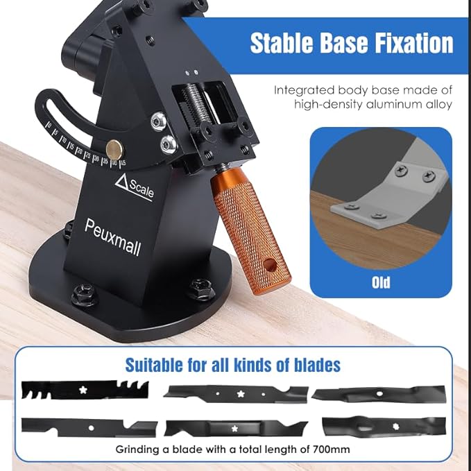 Lawn Mower Blade Sharpener, 15°-45° Adjustable Frame with Ball Bearing Manufacture Handle for Right Left Hand Blades, Lawnmower Blade Sharpening Tool Use with Angle Grinder (Black) - Max Width: 70mm