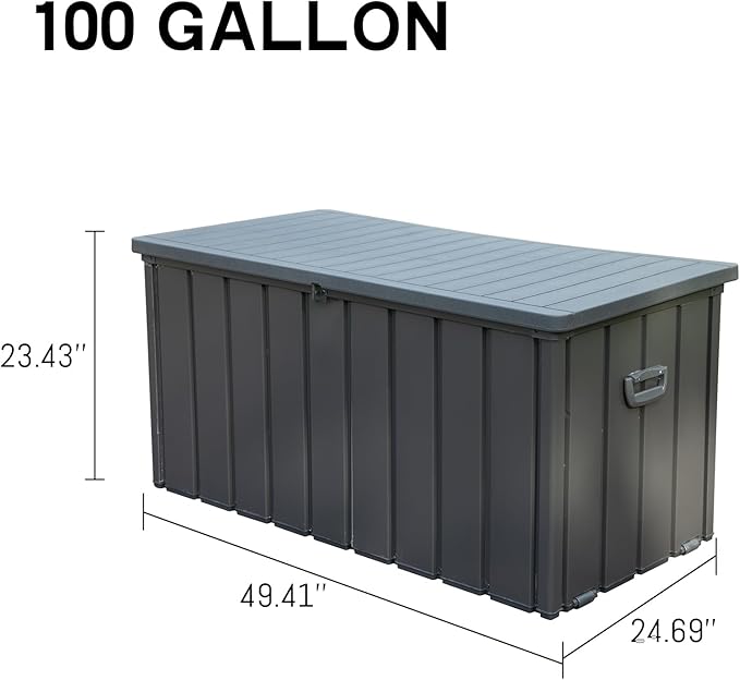 LANTRO JS Deck Box 100 Gallon, Patio Storage Cabinet, Waterproof Outdoor Storage, Resin Lid Metal Patio Storage Bin with Lockable, Dark Gray